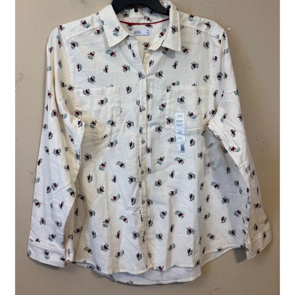 Croft & Barrow Flannel Shirt Women XXL Cream Cardinal Bird Holiday Button Up NEW